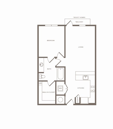 Floor plan for 1 bed, 1 bath, 737 sqft