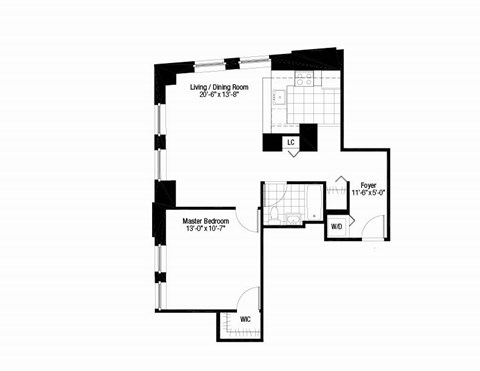 Floor plan for 1 bed, 1 bath, 729 sqft