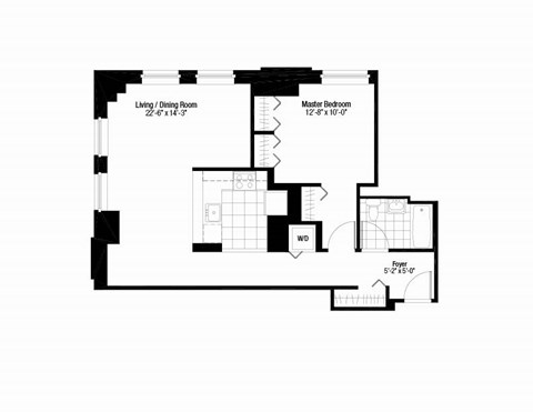 Floor plan for 1 bed, 1 bath, 748 sqft