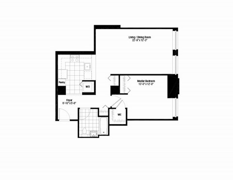 Floor plan for 1 bed, 1 bath, 781 sqft