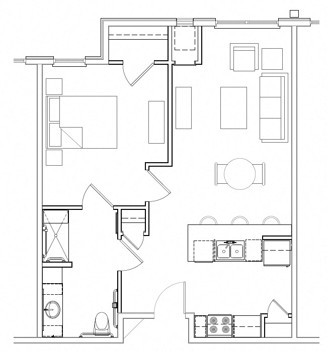 Floor plan for 1 bed, 1 bath, 725 sqft