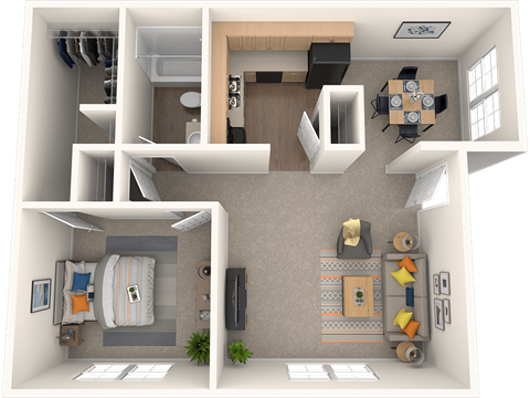 Floor plan for 1 bed, 1 bath, 602 sqft