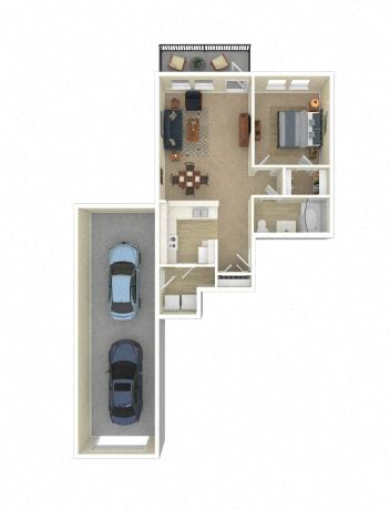 Floor plan for 1 bed, 1 bath, 734 sqft