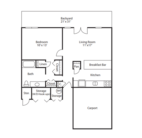 Floor plan for 1 bed, 1 bath, 683 sqft