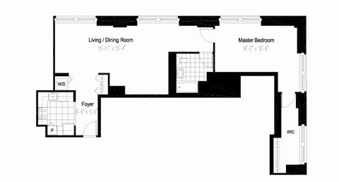 Floor plan for 1 bed, 1 bath, 866 sqft