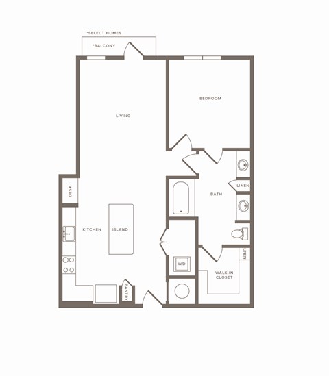 Floor plan for 1 bed, 1 bath, 857 sqft
