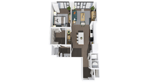 Floor plan for 1 bed, 1 bath, 879 sqft