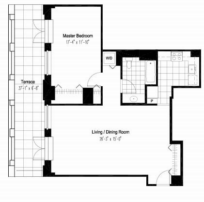 Floor plan for 1 bed, 1 bath, 903 sqft