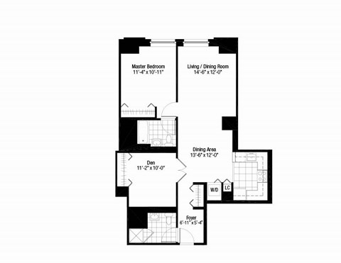 Floor plan for 1 bed, 2 baths, 937 sqft