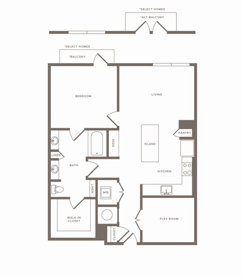 Floor plan for 1 bed, 1 bath, 942 sqft