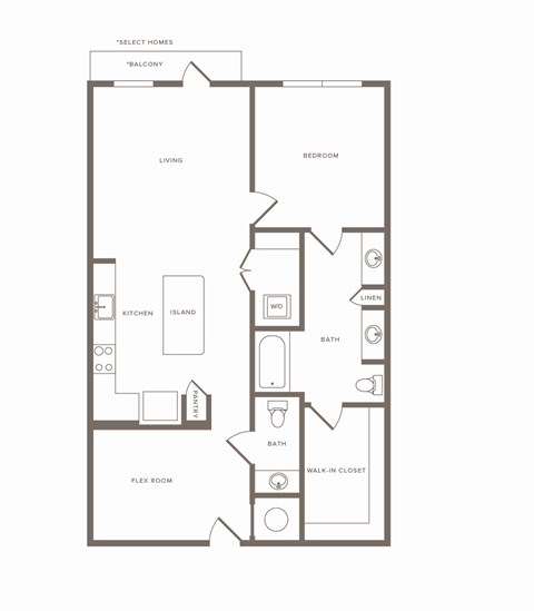 Floor plan for 1 bed, 1 bath, 956 sqft