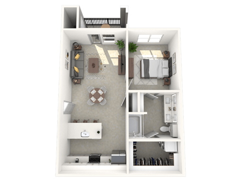 Floor plan for 1 bed, 1 bath, 722 sqft