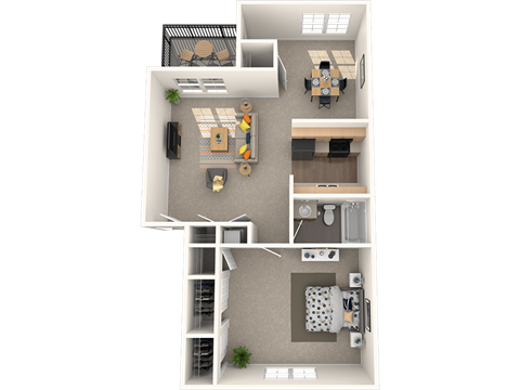 Floor plan for 1 bed, 1 bath, 802 sqft