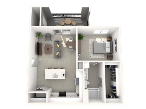 Floor plan for 1 bed, 1 bath, 727 sqft