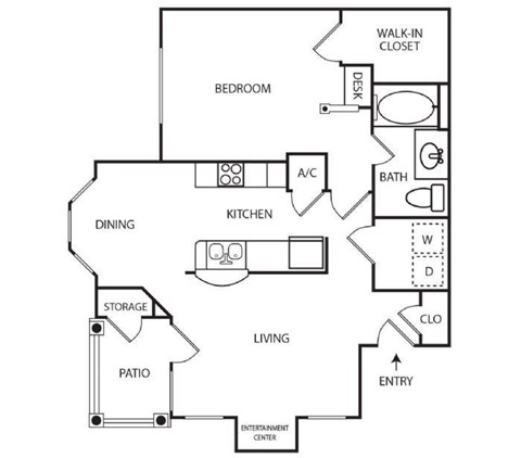 Floor plan for 1 bed, 1 bath, 806 sqft