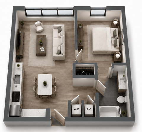 Floor plan for 1 bed, 1 bath, 643 sqft