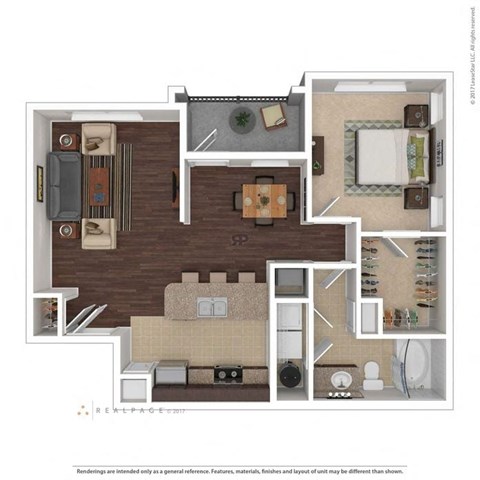 Floor plan for 1 bed, 1 bath, 799 sqft