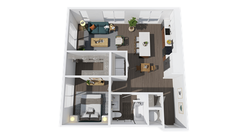 Floor plan for 1 bed, 1 bath, 876 sqft