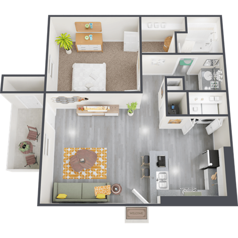 Floor plan for 1 bed, 1 bath, 729 sqft