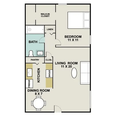 Floor plan for 1 bed, 1 bath, 750 sqft