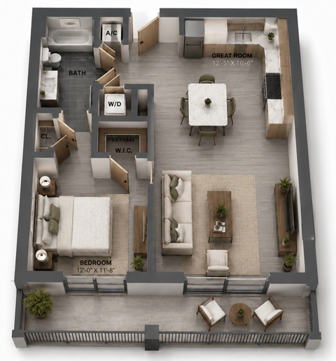 Floor plan for 1 bed, 1 bath, 709 sqft
