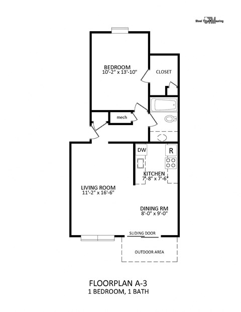 Floor plan for 1 bed, 1 bath, 666 sqft