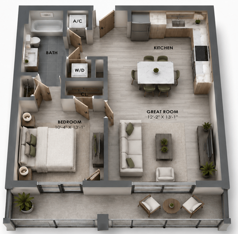 Floor plan for 1 bed, 1 bath, 654 sqft