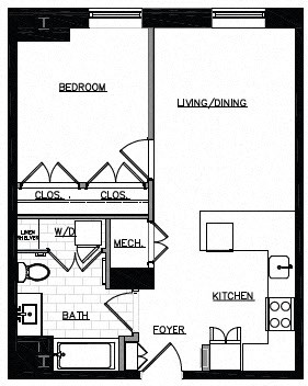 Floor plan for 1 bed, 1 bath, 602 sqft