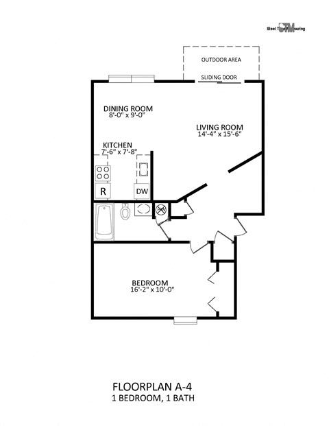 Floor plan for 1 bed, 1 bath, 717 sqft