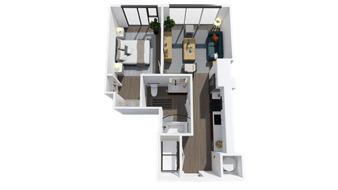 Floor plan for 1 bed, 1 bath, 653 sqft