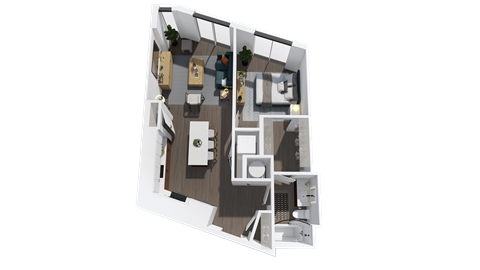 Floor plan for 1 bed, 1 bath, 809 sqft
