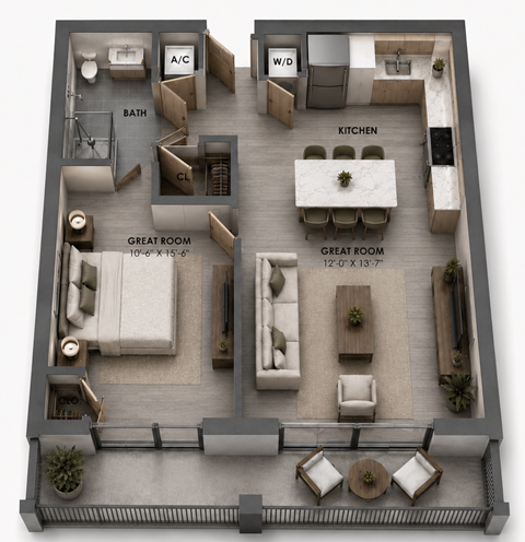 Floor plan for 1 bed, 1 bath, 655 sqft