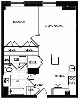 Floor plan for 1 bed, 1 bath, 603 sqft
