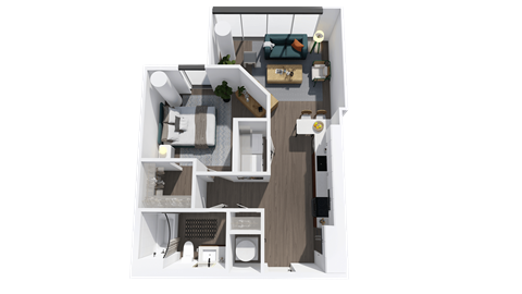Floor plan for 1 bed, 1 bath, 729 sqft