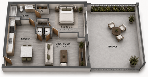 Floor plan for 1 bed, 1 bath, 728 sqft