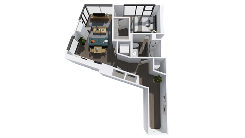 Floor plan for 1 bed, 1 bath, 691 sqft
