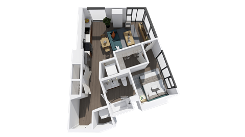 Floor plan for 1 bed, 1 bath, 657 sqft