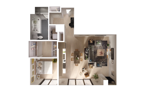 Floor plan for 1 bed, 1 bath, 880 sqft