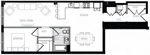 Floor plan for 1 bed, 1 bath, 1000 sqft