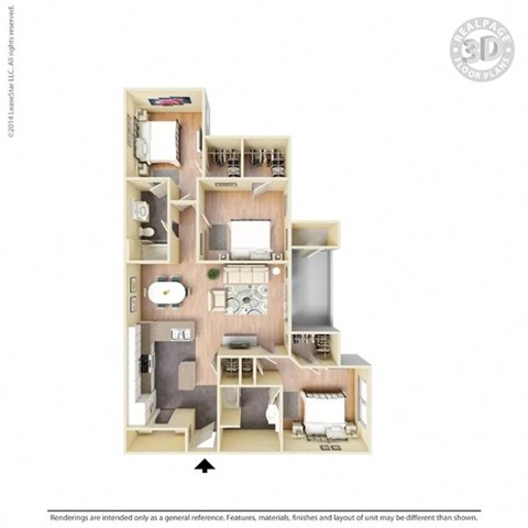 Floor plan for 3 beds, 2 baths, 1154 sqft