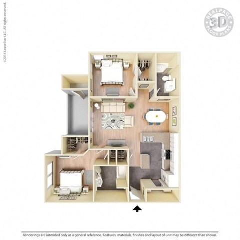 Floor plan for 2 beds, 2 baths, 954 sqft