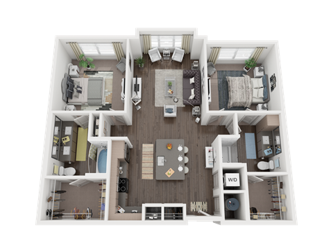 Floor plan for 2 beds, 2 baths, 1101 sqft