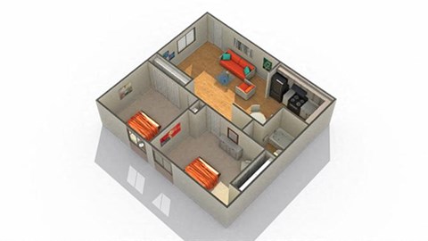 Floor plan for 2 beds, 1 bath, 686 sqft