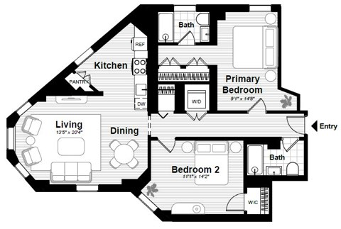 Floor plan for 2 beds, 2 baths, 1016 sqft