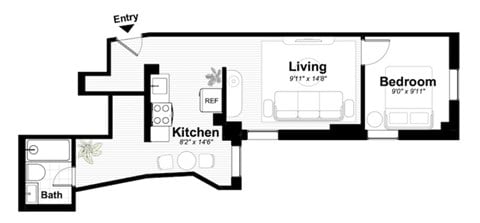 Floor plan for 1 bed, 1 bath, 483 sqft