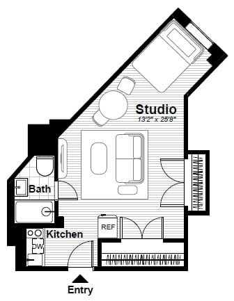 Floor plan for studio, 1 bath, 327 sqft