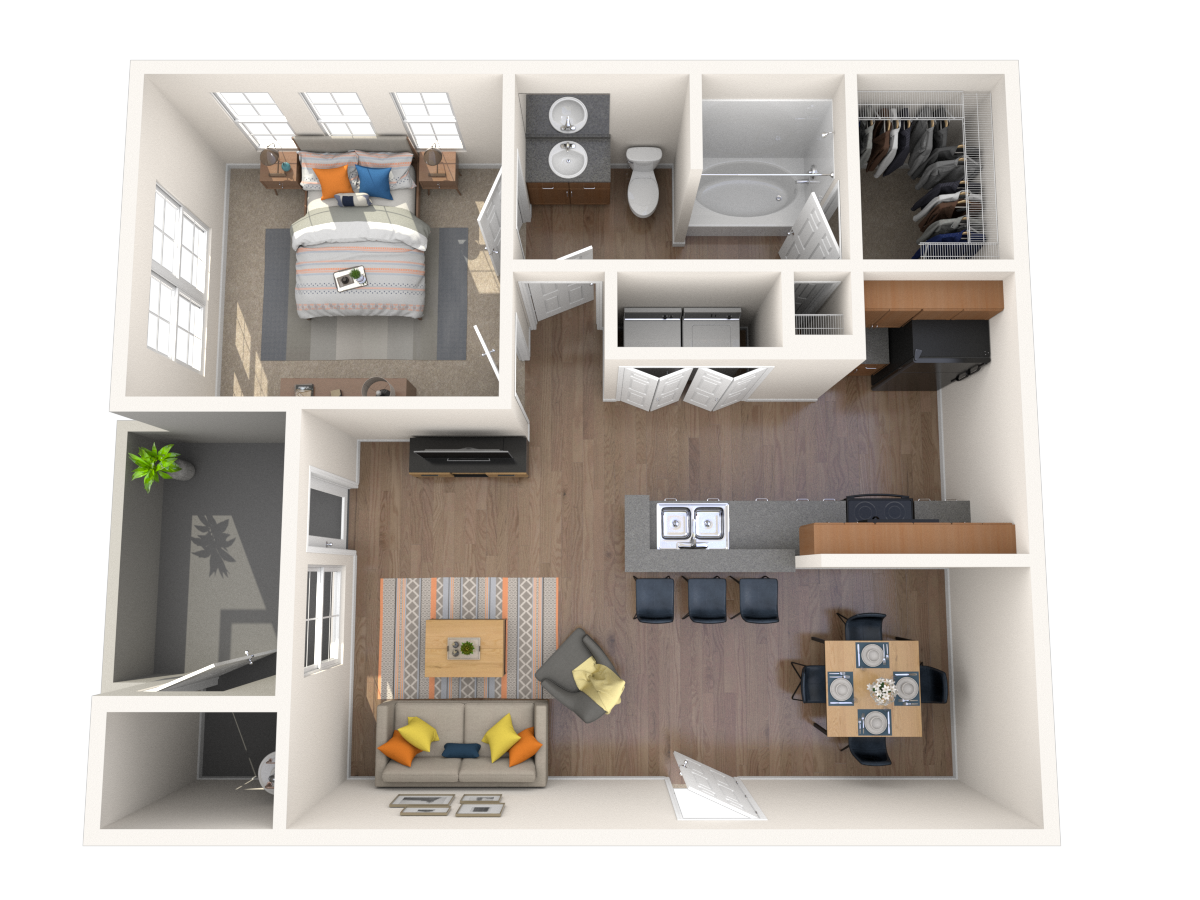 Floor plan for 1 bed, 1 bath, 754 sqft