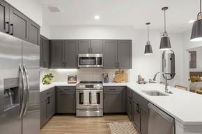 Castle Rock apartment for rent - a kitchen with gray cabinets and stainless steel appliances