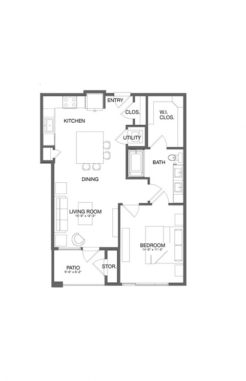 Floor plan for 1 bed, 1 bath, 854 sqft