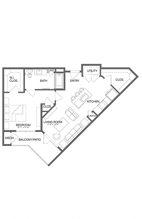 Floor plan for 1 bed, 1 bath, 833 sqft